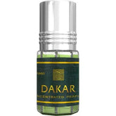 Groene glazen parfumfles met DAKAR tekst en zilveren dop van Al-Rehab Parfumolie Dakar